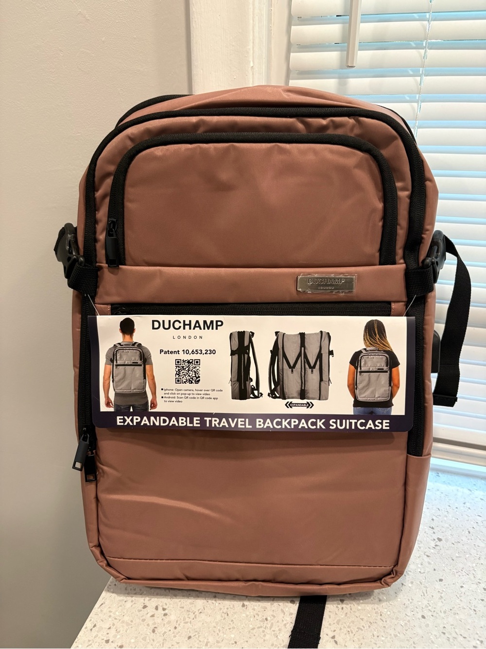 NWT Duchamp Expandable Travel Backpack in Dusty Rose with Black Trim